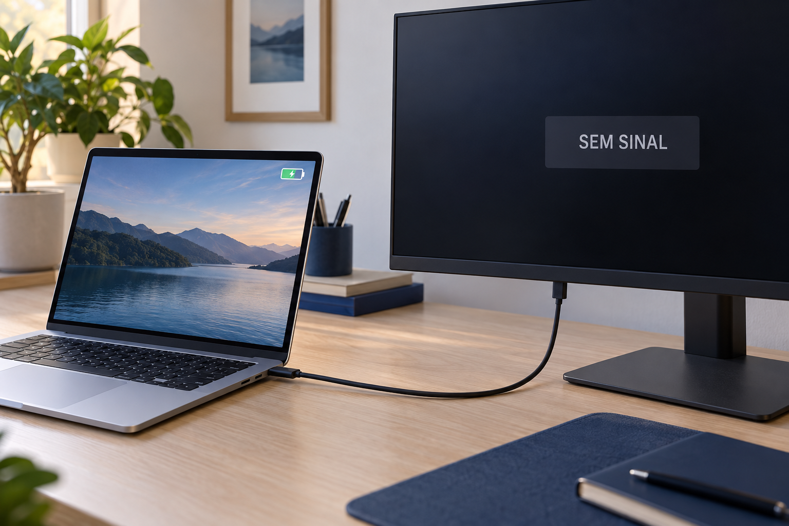 Notebook conectado por cabo USB-C a um monitor que exibe a mensagem “Sem sinal”.